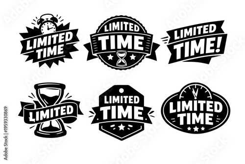 Limited time offer badges set, promoting sale deadlines and special promotions with urgency symbols