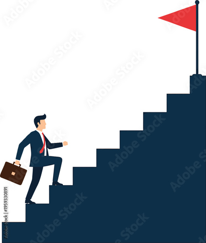 A determined businessman climbing a staircase towards a red flag, symbolizing success and achievement in his career.