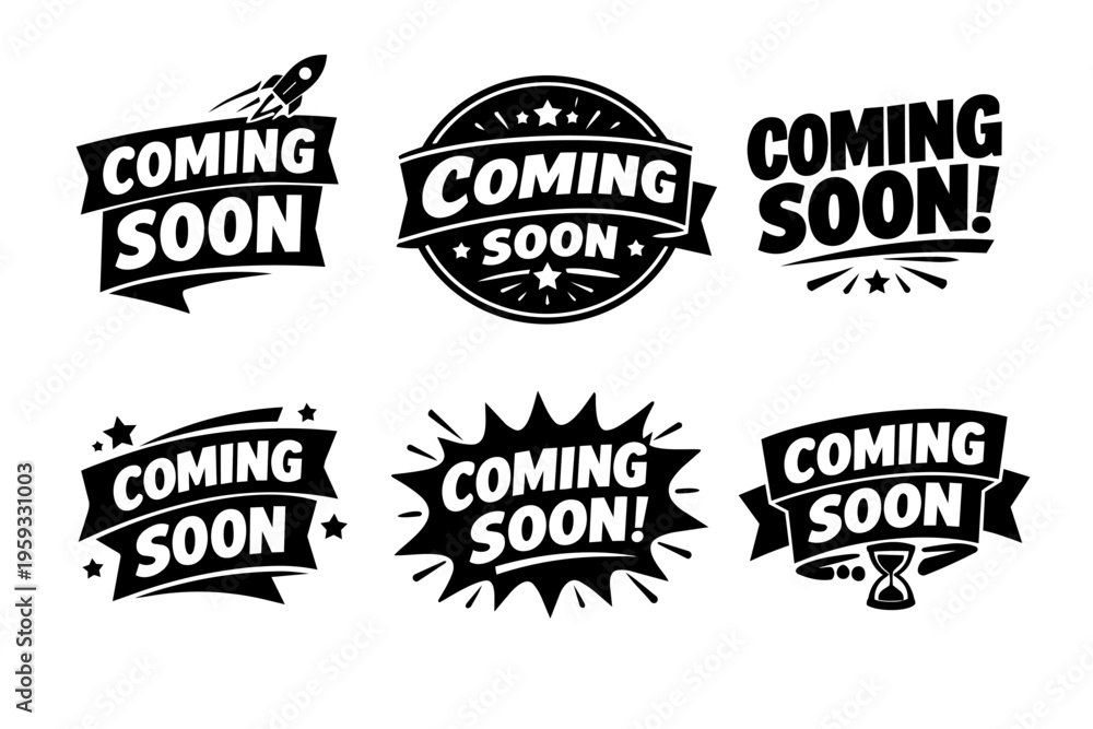 Fototapeta premium Coming soon banner collection with various announcement labels, ribbons, and badges for new product releases