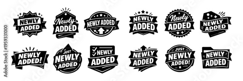 Set of new arrival badges and newly added labels. Marketing stickers for announcing fresh products or updated content