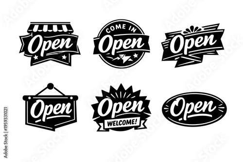 Open signs set featuring various vintage and modern styles, welcoming customers to retail businesses and cafes
