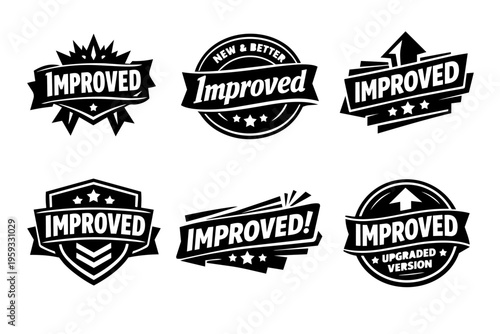 Improved labels collection promoting product quality and upgrade, new and better service, enhanced version icon set