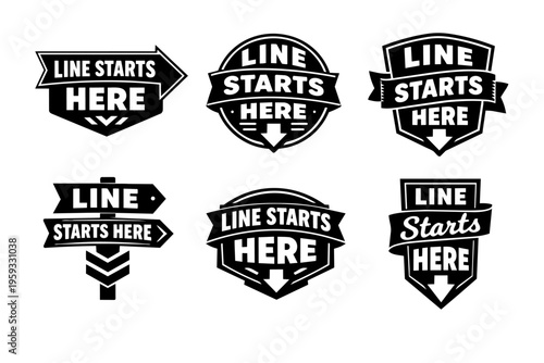 Line starts here badges set, queue navigation, social distancing guidance, direction markers, entry point labels