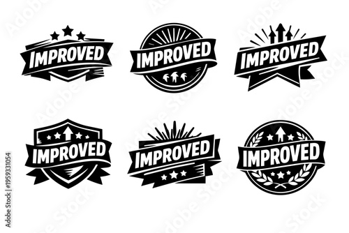 Improved badges collection representing update, quality, and progress with stars, ribbons, and arrows
