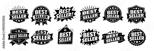 Best seller badges collection displaying quality labels, awards, and certification symbols for product promotion and marketing