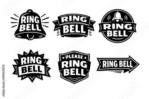 Ring bell signs vector collection instructing visitors to call for service, assistance, or attention