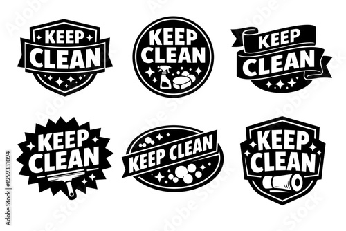 Keep clean badges collection symbolising hygiene, sanitation, and cleanliness with cleaning tools for various uses