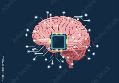 A futuristic illustration of a human brain with a microchip implanted, surrounded by glowing circuits and wires, symbolizing technological advancement in neuroscience.