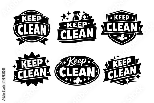 Keep clean badges and labels with cleaning icons and typography elements, promoting hygiene standards