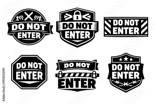 Do not enter signs collection indicating forbidden access, security, restricted area, privacy and warning messages