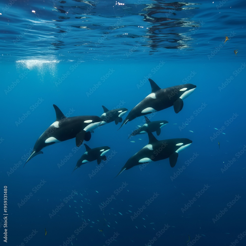Obraz premium An orca pod swimming in harmony through deep blue waters embodyi