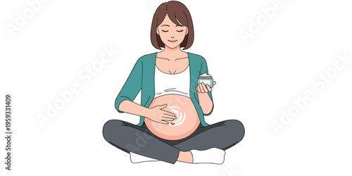 A pregnant woman sits comfortably while enjoying a cup of coffee and gently touching her belly.