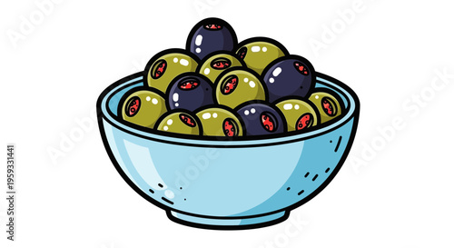 Bowl of mixed olives, green and black, isolated on white background