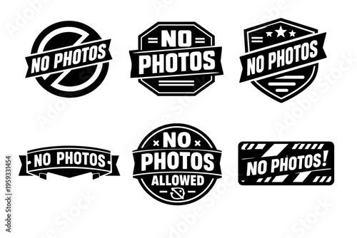 No photos allowed sign collection showing restricted access, privacy, and copyright regulations in vector badges