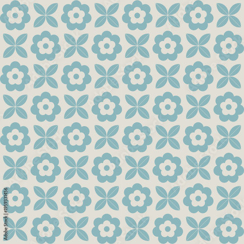 Seamless retro Scandinavian floral geometric pattern in blue and beige minimalist style