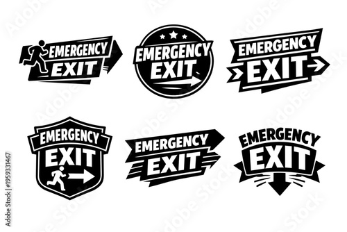 Collection of black and white emergency exit signs, offering clear directional guidance for safe evacuation during urgent situations