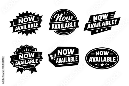 Collection of now available badges, stickers, and labels, advertising new product launches and promotions