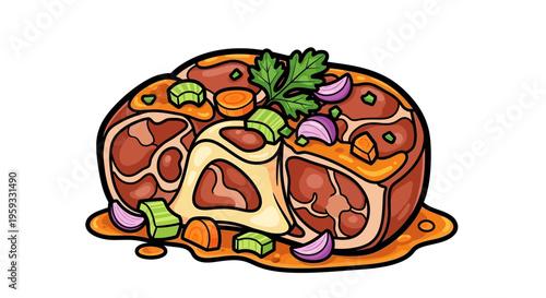 Braised Beef Shank with Vegetables and Sauce, Cartoon Style