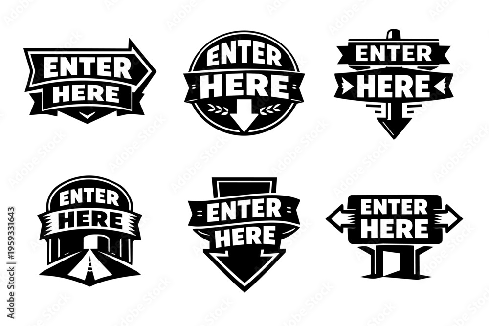 Fototapeta premium Enter here vector logos with arrows and road signs, indicating direction and entrance points