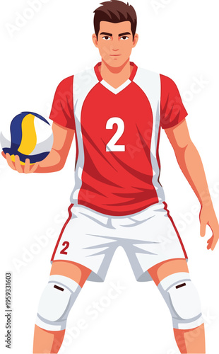 A male volleyball player in a red jersey holding a ball and ready to serve