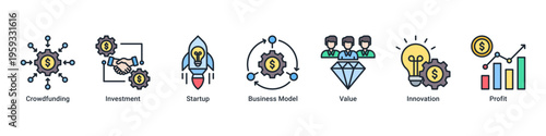 Funding Model web banner icon illustration featuring Crowdfunding,Investment,Startup,Business Model,Value,Innovation,and Profit