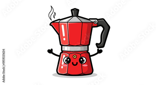 Cute cartoon red moka pot with happy face and arms
