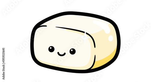 Cute cartoon tofu character with happy face, isolated on white background