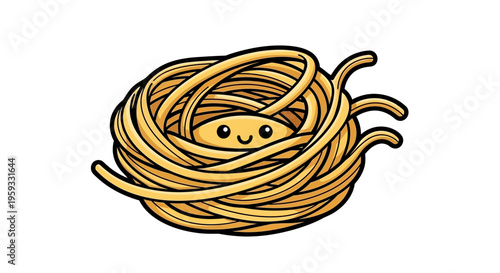 Cute cartoon spaghetti nest with smiling face, isolated on white background.