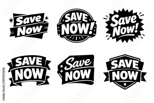 Save now badges, labels, and stickers offering sales promotion, discount, and special offer campaigns