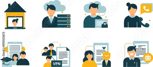 Set of 8 flat vector icons for remote work, online education, cloud computing, and digital communication in blue and yellow isolated PNG with Transparent Background