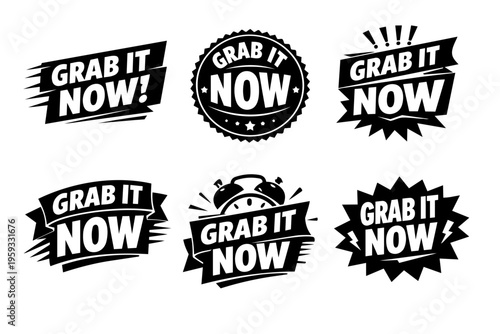 Grab it now promotion badges with different styles, vector sale stickers, and limited time offer labels
