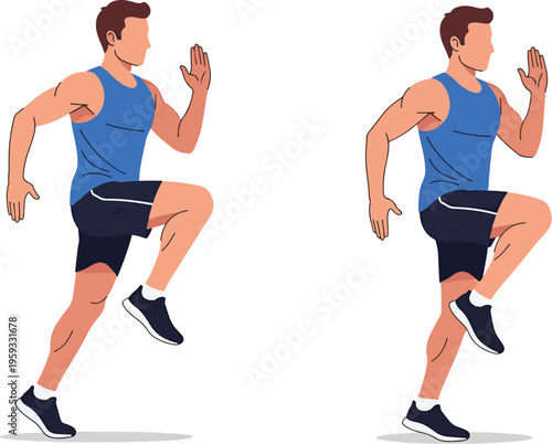 A fit man running in a dynamic pose with a white background