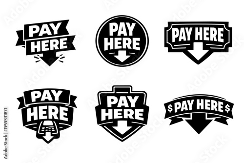 Pay here signs and symbols for checkout, payment point, cash transactions, and commercial services with downward arrow icons