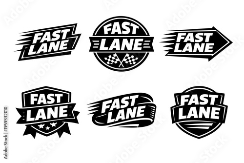 Fast lane racing and speed emblems set. Creating a sense of competition, motion, and automotive dynamics