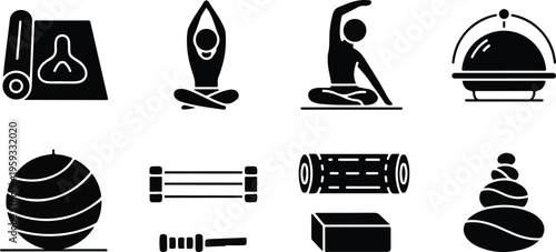 Set of 10 black glyph yoga and fitness icons vector for wellness apps, gym websites, meditation guides, and health presentations isolated PNG with Transparent Background