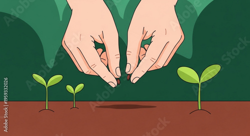 Hands planting seeds into soil with small green seedlings growing representing growth and new beginnings in gardening