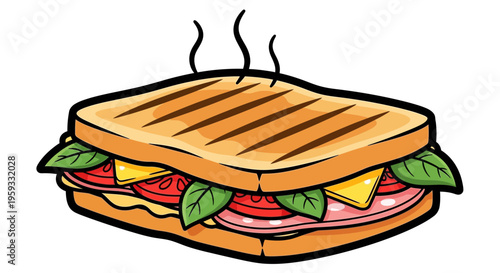 Hot grilled sandwich with ham, cheese, tomato, and lettuce