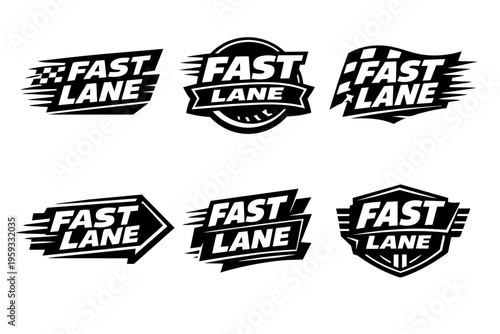 Fast lane racing logos and speed emblems set capturing competition, automotive acceleration, and motorsports design
