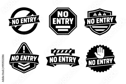 No entry sign icons symbolizing restricted access and forbidden areas, depicting various warning shapes and badges