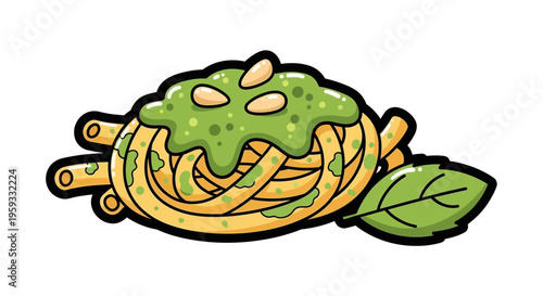 Pasta with pesto sauce and pine nuts, Italian food illustration