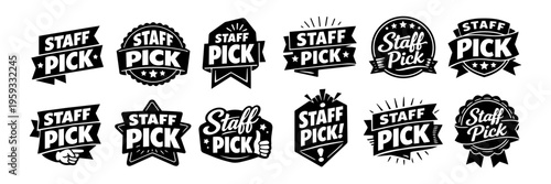 Staff pick label collection displaying recommended choice badges, quality seals, and award stickers in various ribbon and star shapes