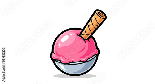 Pink ice cream scoop in a bowl with wafer