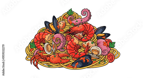 Seafood pasta illustration with shrimp, mussels, octopus, crab, clams, tomatoes, parsley