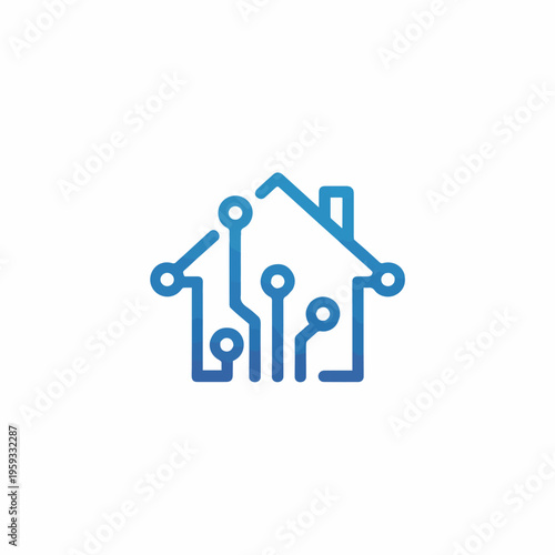 A simple, clean outline of a house with integrated blue circuit board lines, symbolizing smart home technology and modern living, Smart Home, Real Estate, Minimalist, Architecture, Design, Modern
