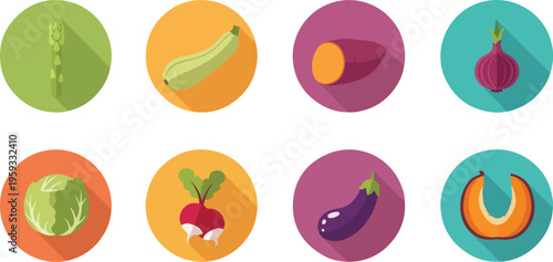 Set of 8 colorful flat design vegetable icons vector with long shadow effect for healthy food, farm, and grocery store concepts isolated PNG with Transparent Background