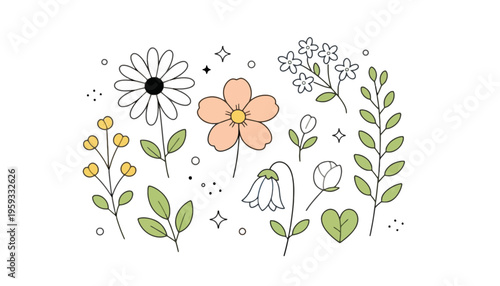 A collection of simple, hand-drawn flowers and leaves.