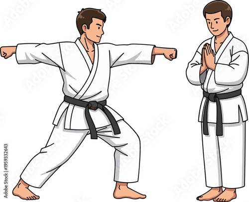 Two men in karate uniforms demonstrating martial arts techniques