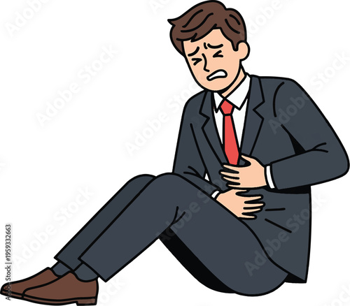 A cartoon illustration of a businessman experiencing chest pain while sitting on the floor.
