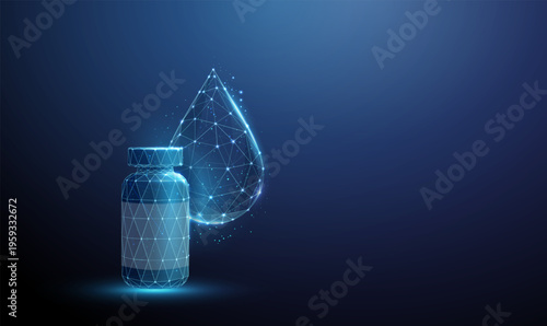 3d blue medicine bottle with water drop. Hydration, healthcare, liquid dosage, pharmaceutical solution, wellness support, medical treatment, fluid balance concept.