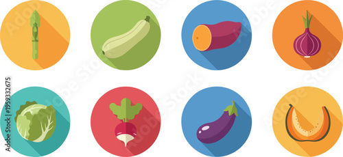 Set of 8 colorful flat design vegetable icons vector with long shadows, including asparagus, zucchini, sweet potato, onion, cabbage, radish, eggplant